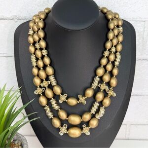 Vintage 60’s Hong Kong Matte and Shiny Gold Tone Geometric Three Tier Necklace